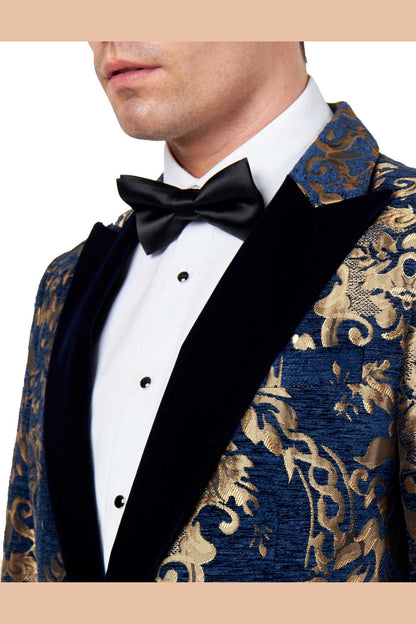 GLEN - GOLD BROCADE ON FLOCKED NAVY VELVET LAPEL JACQUARD BLAZER