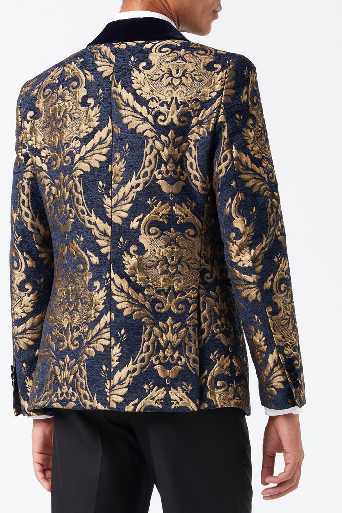 GLEN - GOLD BROCADE ON FLOCKED NAVY VELVET LAPEL JACQUARD BLAZER