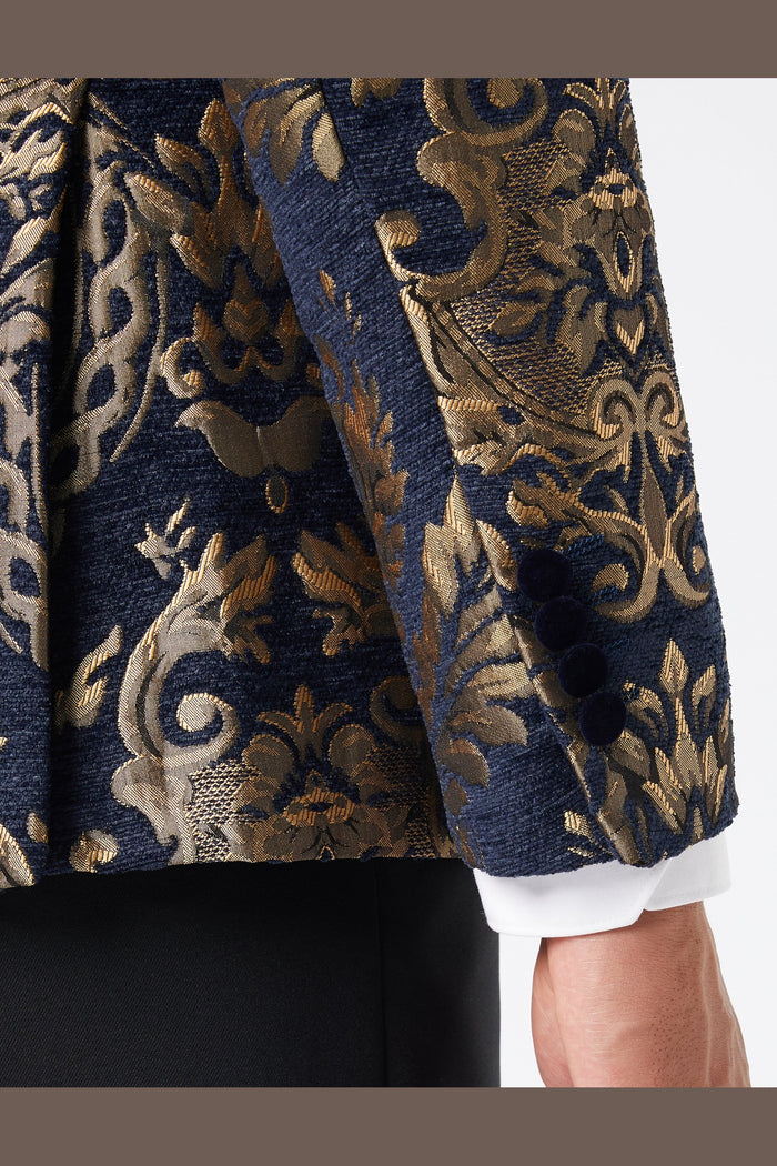 GLEN - GOLD BROCADE ON FLOCKED NAVY VELVET LAPEL JACQUARD BLAZER