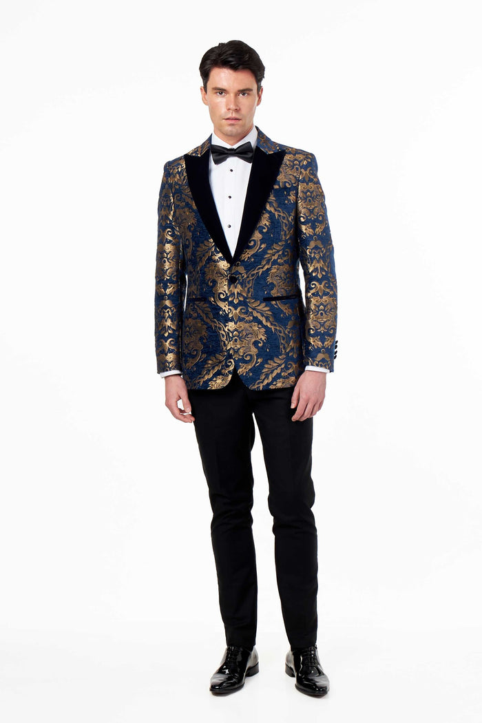 GLEN - GOLD BROCADE ON FLOCKED NAVY VELVET LAPEL JACQUARD BLAZER