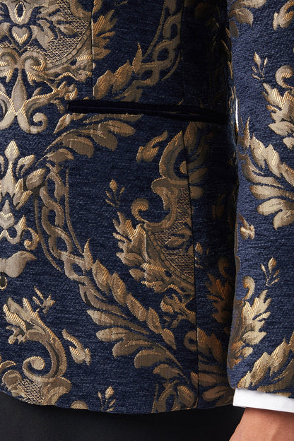 GLEN - GOLD BROCADE ON FLOCKED NAVY VELVET LAPEL JACQUARD BLAZER
