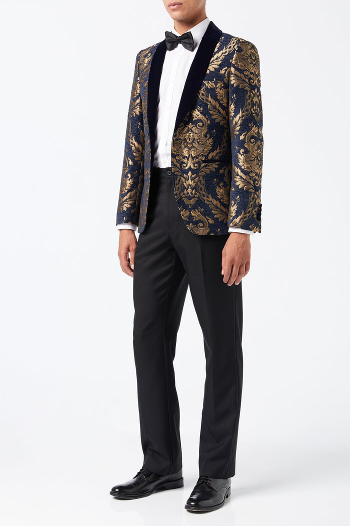 GLEN - GOLD BROCADE ON FLOCKED NAVY VELVET LAPEL JACQUARD BLAZER