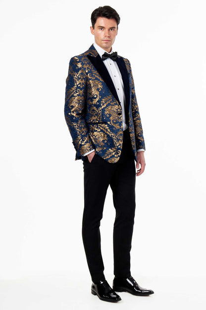 GLEN - GOLD BROCADE ON FLOCKED NAVY VELVET LAPEL JACQUARD BLAZER