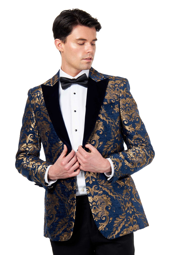 GLEN - GOLD BROCADE ON FLOCKED NAVY VELVET LAPEL JACQUARD BLAZER