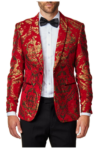 GLEN - Gold Brocade Paisley Print on Crimson Red Jacquard Tux Jacket
