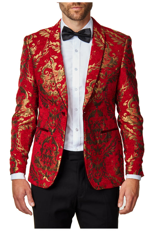 GLEN - Gold Brocade Paisley Print on Crimson Red Jacquard Tux Jacket