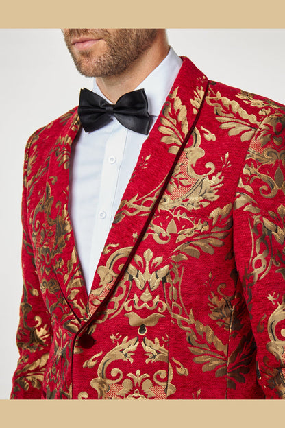 GLEN - Gold Brocade Paisley Print on Crimson Red Jacquard Tux Jacket