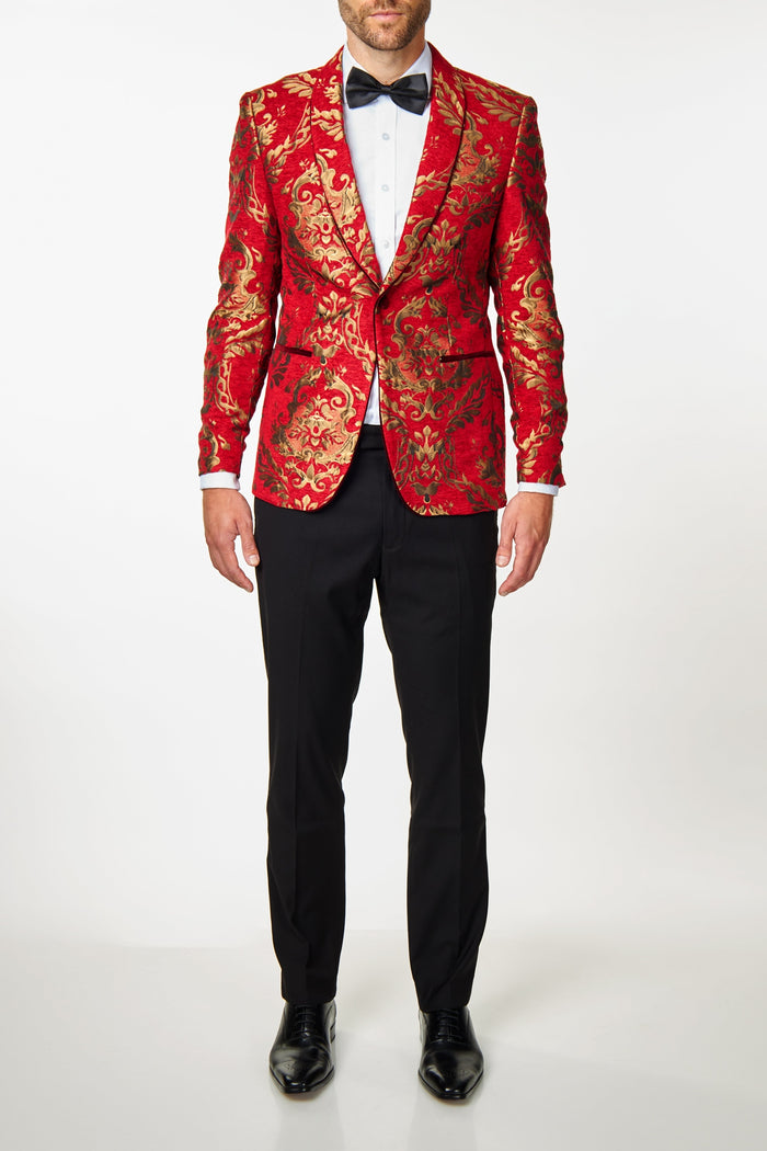GLEN - Gold Brocade Paisley Print on Crimson Red Jacquard Tux Jacket