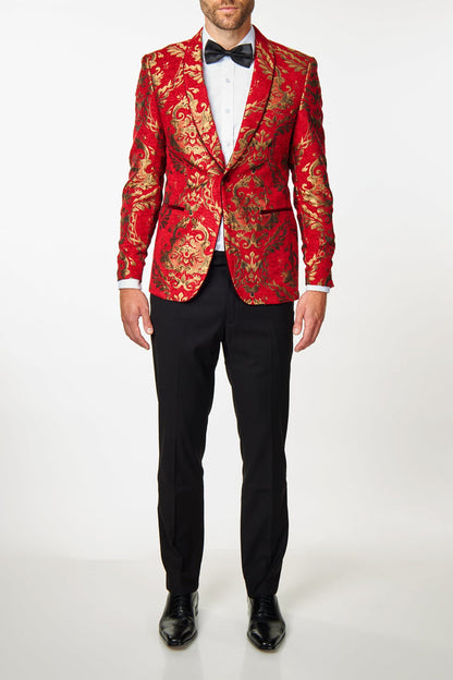 GLEN - Gold Brocade Paisley Print on Crimson Red Jacquard Tux Jacket