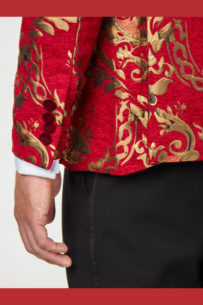 GLEN - Gold Brocade Paisley Print on Crimson Red Jacquard Tux Jacket