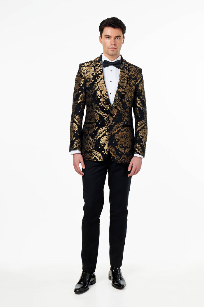 GLEN – BLACK GOLD BROCADE PAISLEY PRINT TUXEDO JACKET