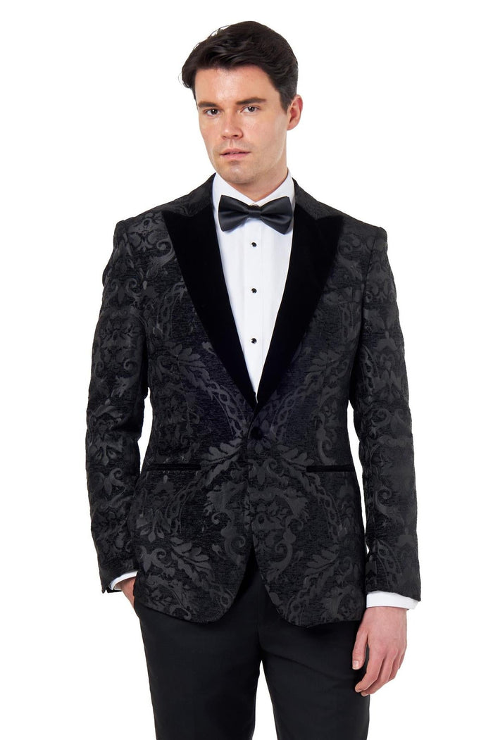 GLEN – BLACK ORNATE JACQUARD PRINT TUXEDO JACKET