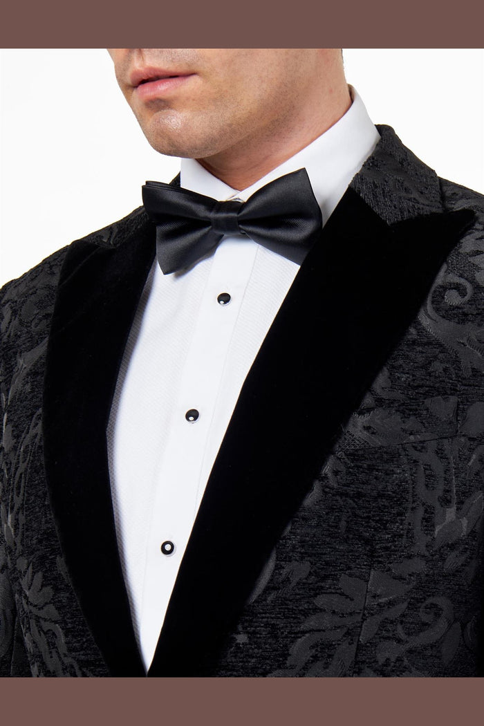 GLEN – BLACK ORNATE JACQUARD PRINT TUXEDO JACKET