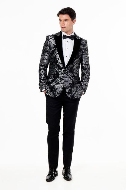 GLEN – SILVER GREY PAISLEY BROCADE PRINT TUX JACKET