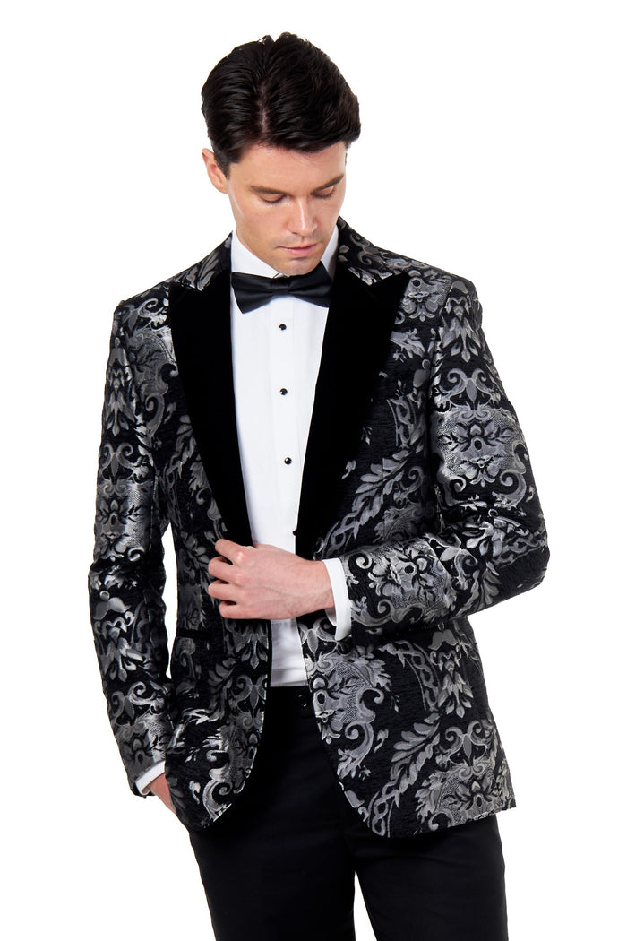 GLEN – SILVER GREY PAISLEY BROCADE PRINT TUX JACKET
