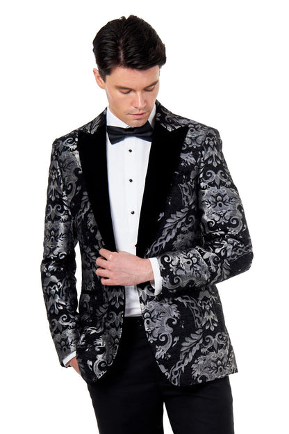 GLEN – SILVER GREY PAISLEY BROCADE PRINT TUX JACKET