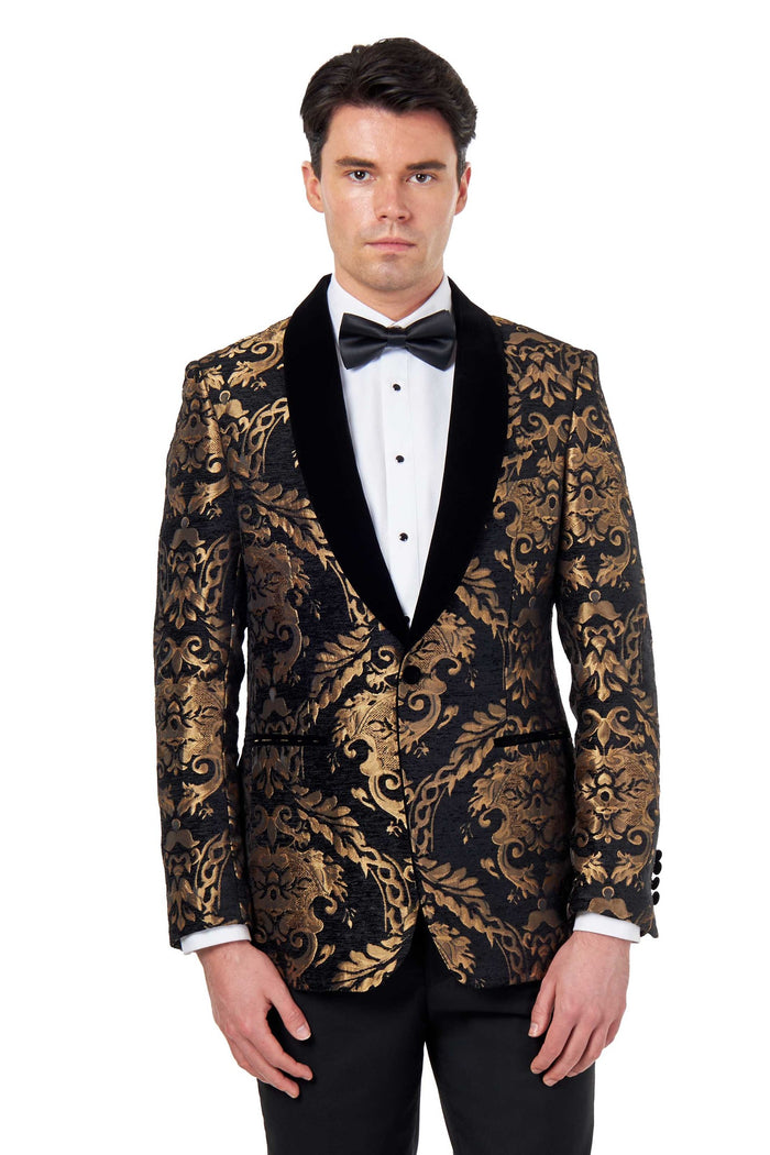 GLEN – TUXEDO JACKET GOLD ORNATE JACQUARD PRINT ON BLACK