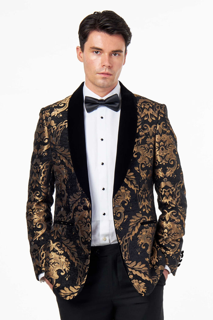 GLEN – TUXEDO JACKET GOLD ORNATE JACQUARD PRINT ON BLACK