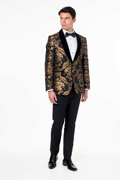 GLEN – TUXEDO JACKET GOLD ORNATE JACQUARD PRINT ON BLACK