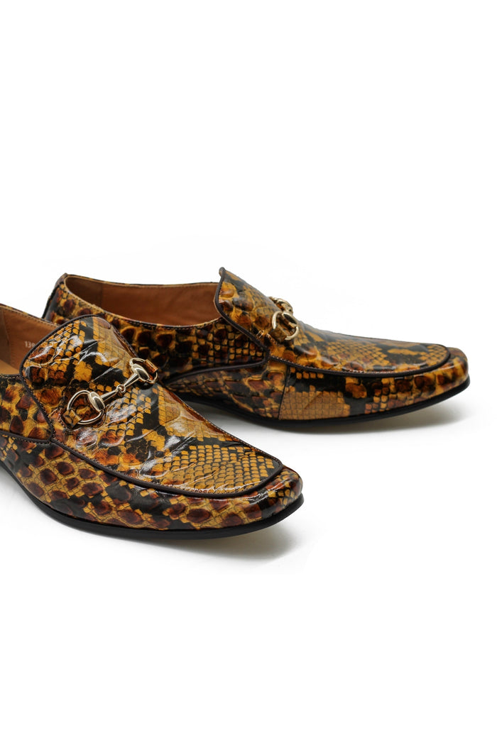 Glossy Real Leather Shoes Printed Gold Snaffle Bit Party Loafers
