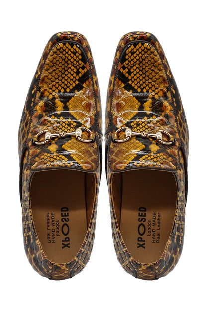 Glossy Real Leather Shoes Printed Gold Snaffle Bit Party Loafers
