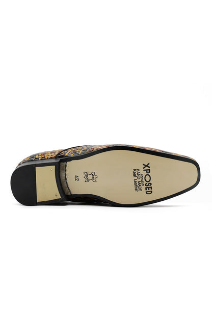 Glossy Real Leather Shoes Printed Gold Snaffle Bit Party Loafers