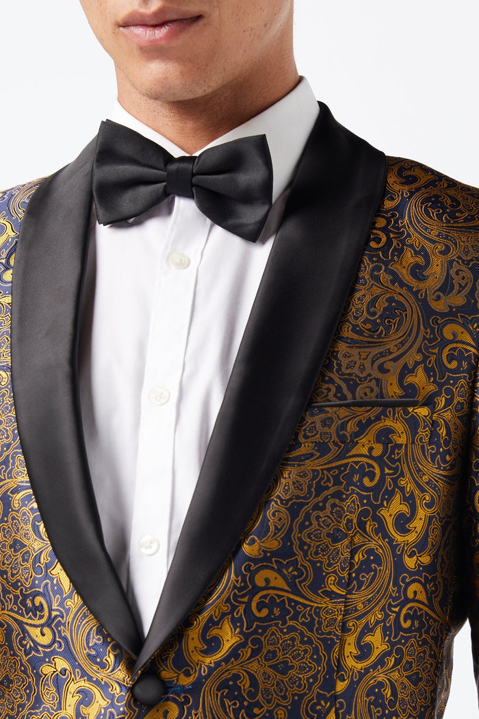 Gold Paisley Print on Navy Tuxedo Jacket