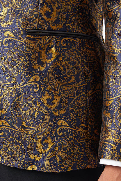 Gold Paisley Print on Navy Tuxedo Jacket
