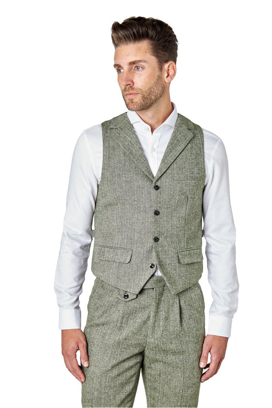 GREEN HERRINGBONE COLLARED WAISTCOAT