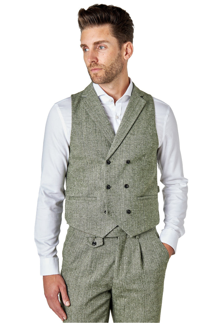 GREEN HERRINGBONE DOUBLE BREASTED WAISTCOAT