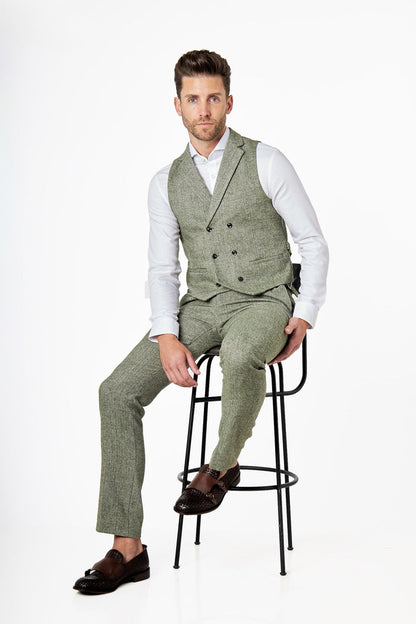 GREEN HERRINGBONE DOUBLE BREASTED WAISTCOAT