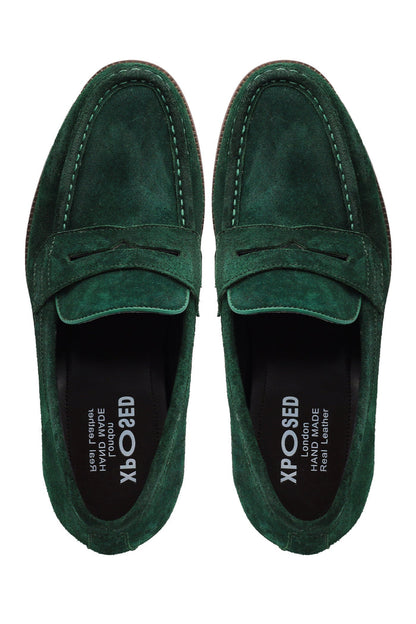 GREEN SUEDE LEATHER PENNY LOAFERS