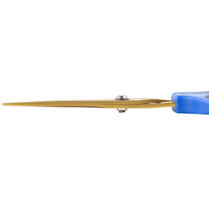Side view of gold-colored pointed pruning snips with blue and black ergonomic handles on a white background.