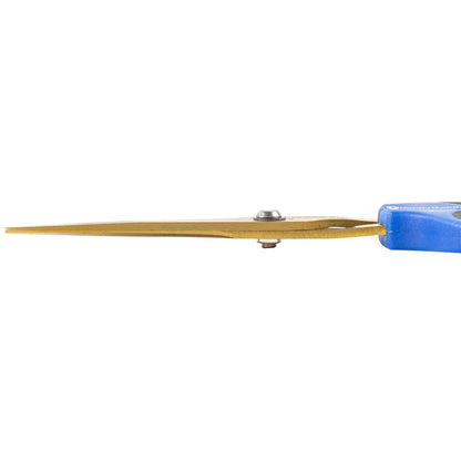 Side view of gold-colored pointed pruning snips with blue and black ergonomic handles on a white background.