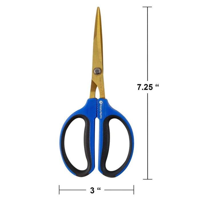 7.25-inch long stainless steel trimming scissors with gold blades and ergonomic blue handles with black grips.