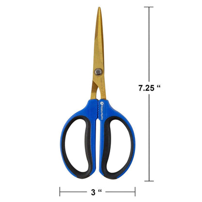 7.25-inch long stainless steel trimming scissors with gold blades and ergonomic blue handles with black grips.