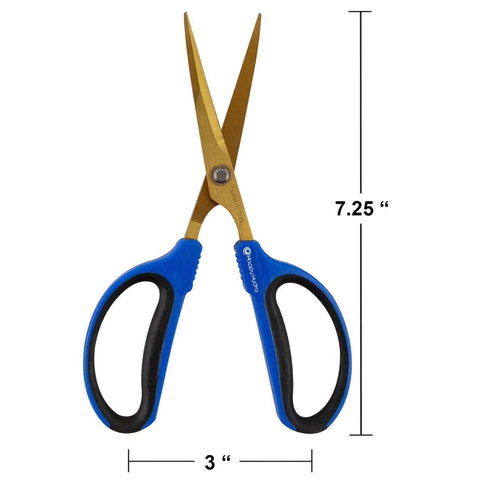 Gold stainless steel pruning shears with blue and black handles, shown with 7.25-inch height and 3-inch width labels.