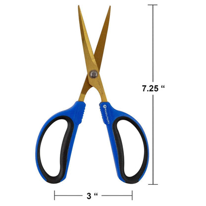 Gold stainless steel pruning shears with blue and black handles, shown with 7.25-inch height and 3-inch width labels.