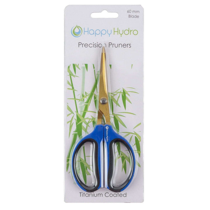 Titanium-coated pruners with gold blades and blue handles, packaged on a branded card with bamboo imagery.