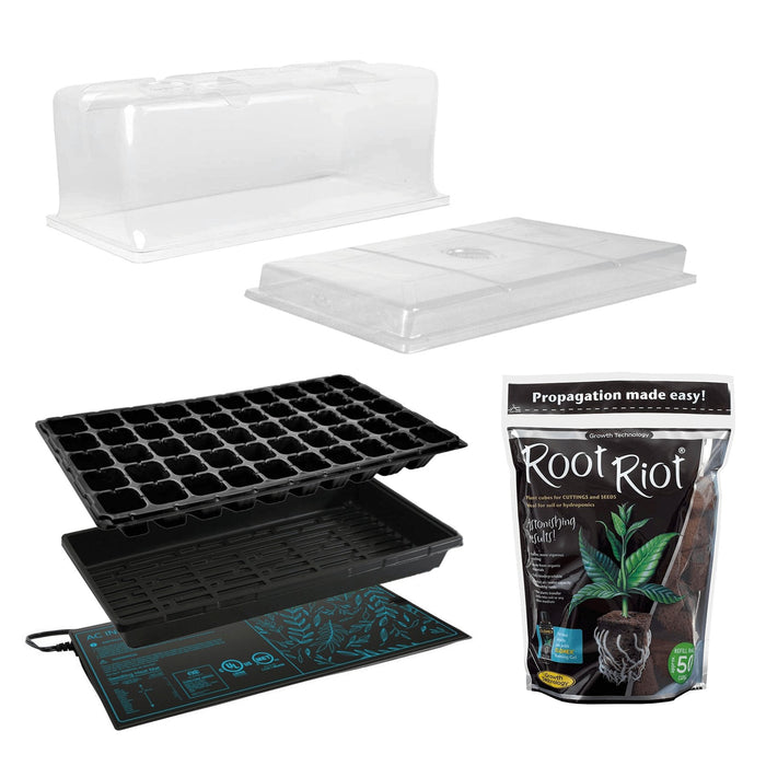 Seed starter kit with clear dome, black trays, heating mat, and a 50-count bag of Root Riot plant cubes.