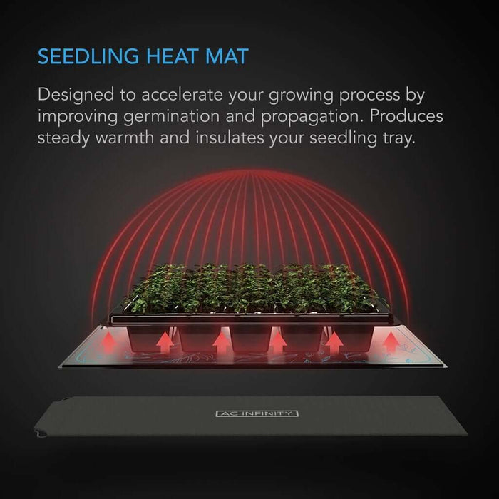 Black seedling heat mat emitting red glowing warmth upward toward a tray of green sprouts against a dark background.