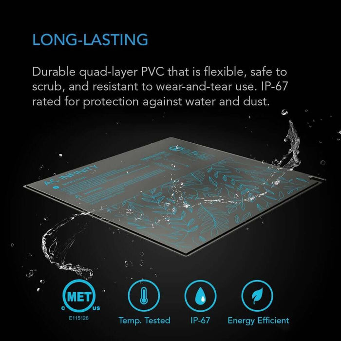 Black IP-67 waterproof heat mat with blue botanical graphics, temperature tested and energy efficient icons.
