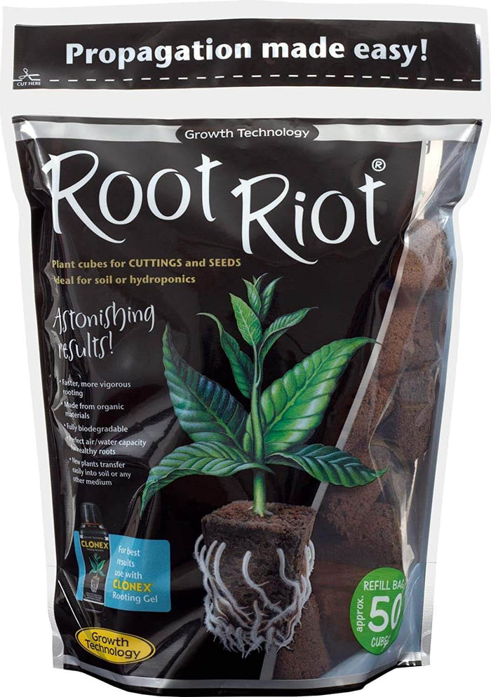 Root Riot refill bag featuring a plant seedling in a brown growing cube with visible white roots on a black label.