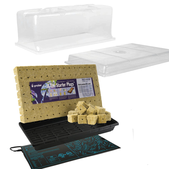 Grodan starter plugs, black plastic seedling tray, heat mat, and clear humidity dome for plant propagation.
