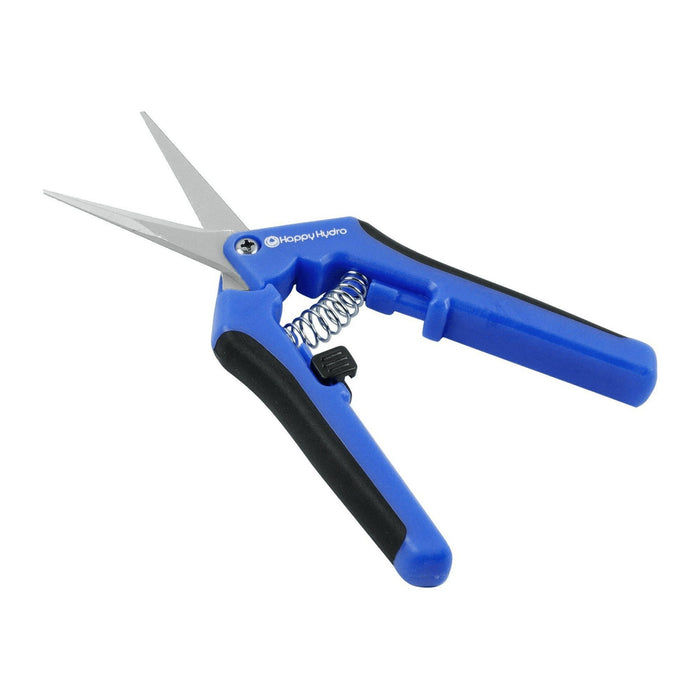 Blue pruning shears with stainless steel blades, ergonomic black grips, and a tension spring lock mechanism.