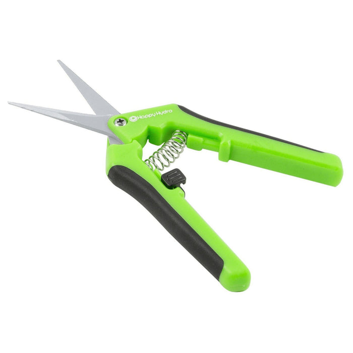 Bright green pruning shears with straight stainless steel blades, a spring-action mechanism, and black grip handles.