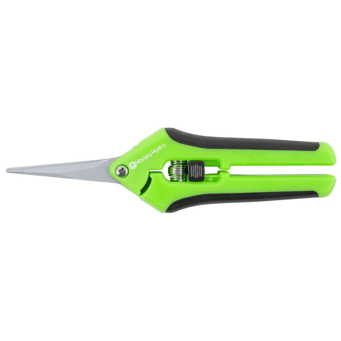 Green and black pruning snips with long, pointed blades, a center spring, and locking mechanism on white background.