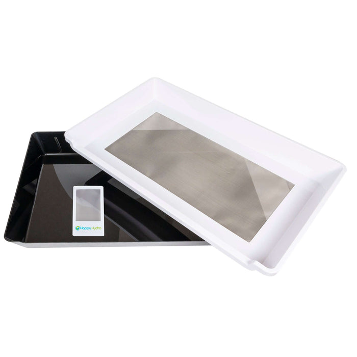 White sifting tray resting on a black collection tray, featuring a metal mesh screen and Happy Hydro branding.
