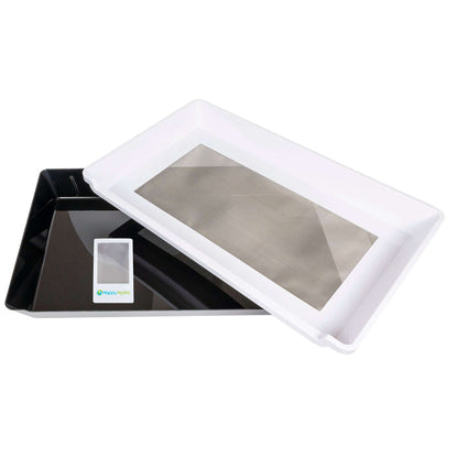 White sifting tray resting on a black collection tray, featuring a metal mesh screen and Happy Hydro branding.
