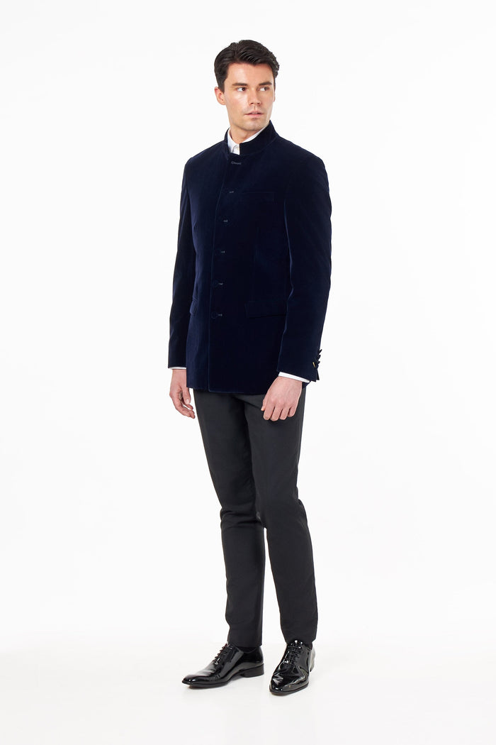 HARSHIL – NAVY BLUE VELVET SMOKING JACKET NEHRU COLLAR